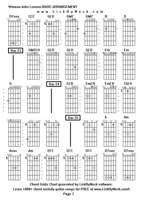 Chord Grids Chart of chord melody fingerstyle guitar song-Woman-John Lennon-BASIC ARRANGEMENT,generated by LickByNeck software.